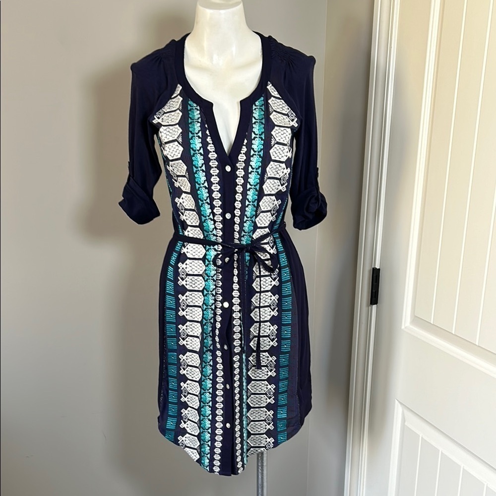 Anthropologie Tiny Nadia Shift Dress Embroidered Split Neck Blue Green Sz S NEW